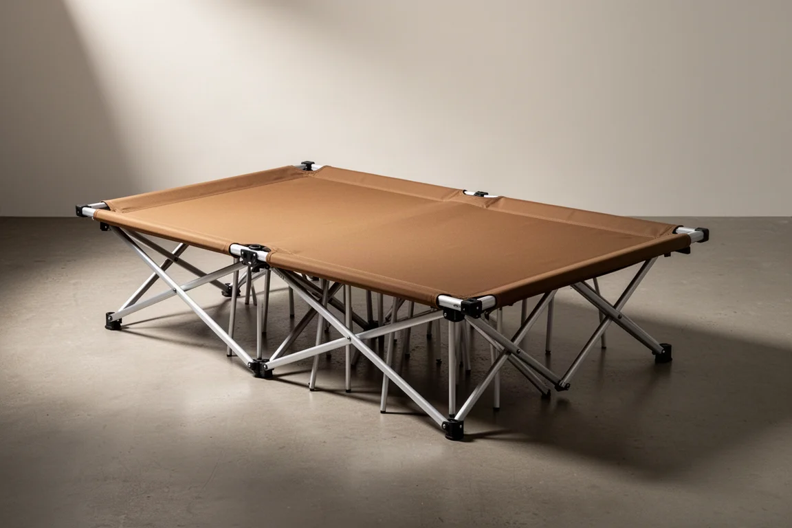 Fully assembled coyote brown folding camping cot on a concrete floor