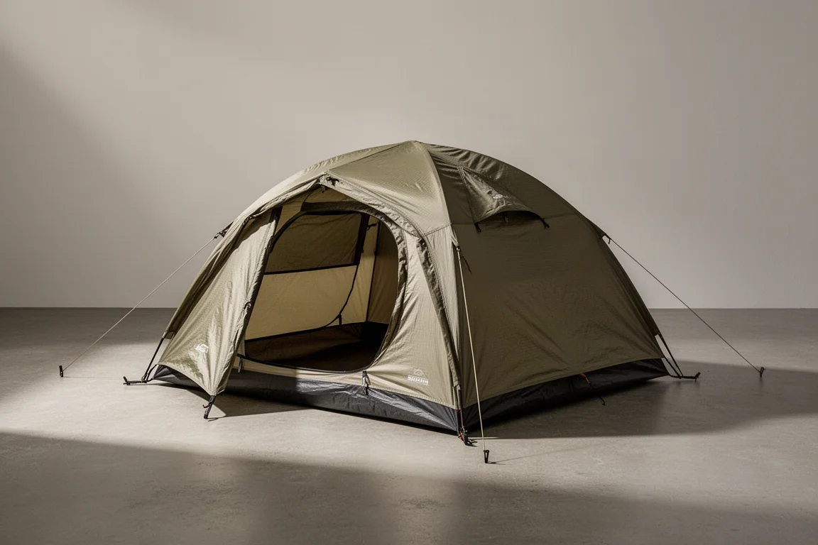Compact lightweight camping tent pitched on a concrete surface with guy lines staked out