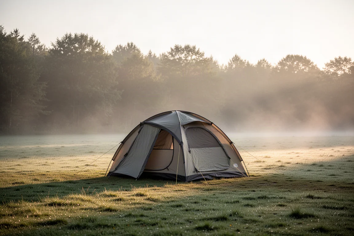 Piccola tenda a cupola montata su un campeggio erboso e nebbioso all'alba