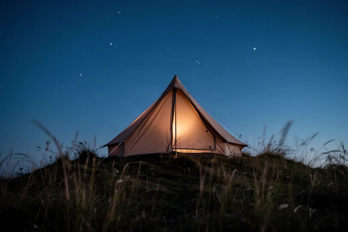 Tenda montata in silhouette su un crinale al crepuscolo con bagliore caldo all'interno