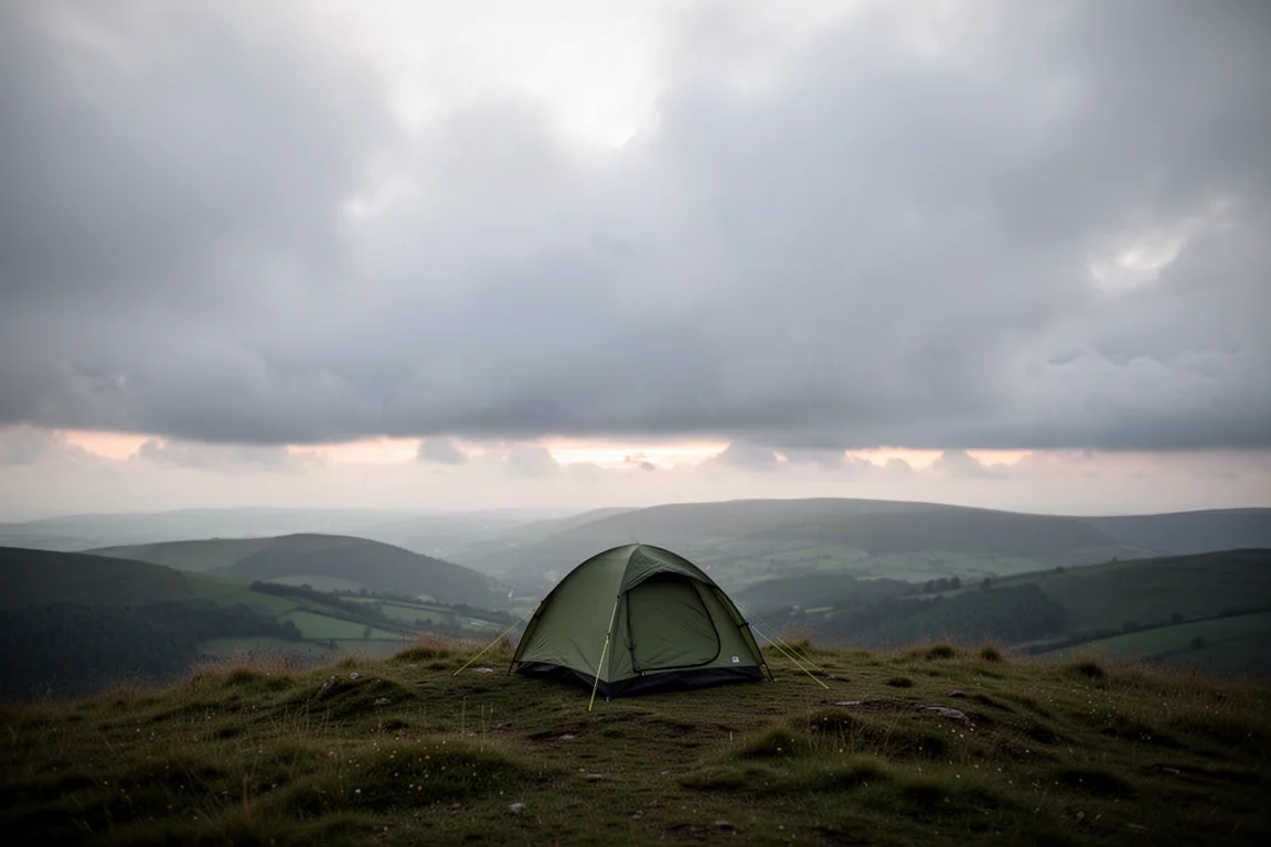 Kleines Campingzelt auf einem grasbewachsenen Grat in der Dämmerung mit aufziehenden Regenwolken