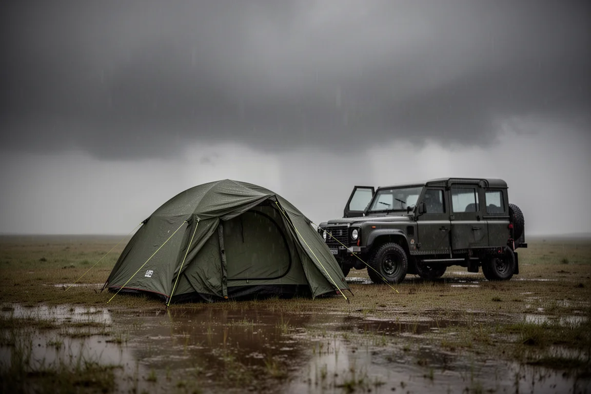 Campingzelt neben einem geparkten Fahrzeug unter einem dunklen, regenschweren Himmel