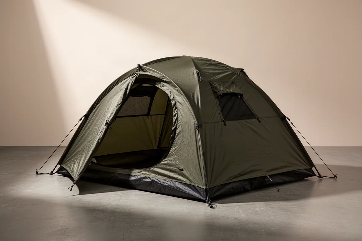 OneTigris Cosmeto Tent pitched on a matte concrete surface in soft studio light