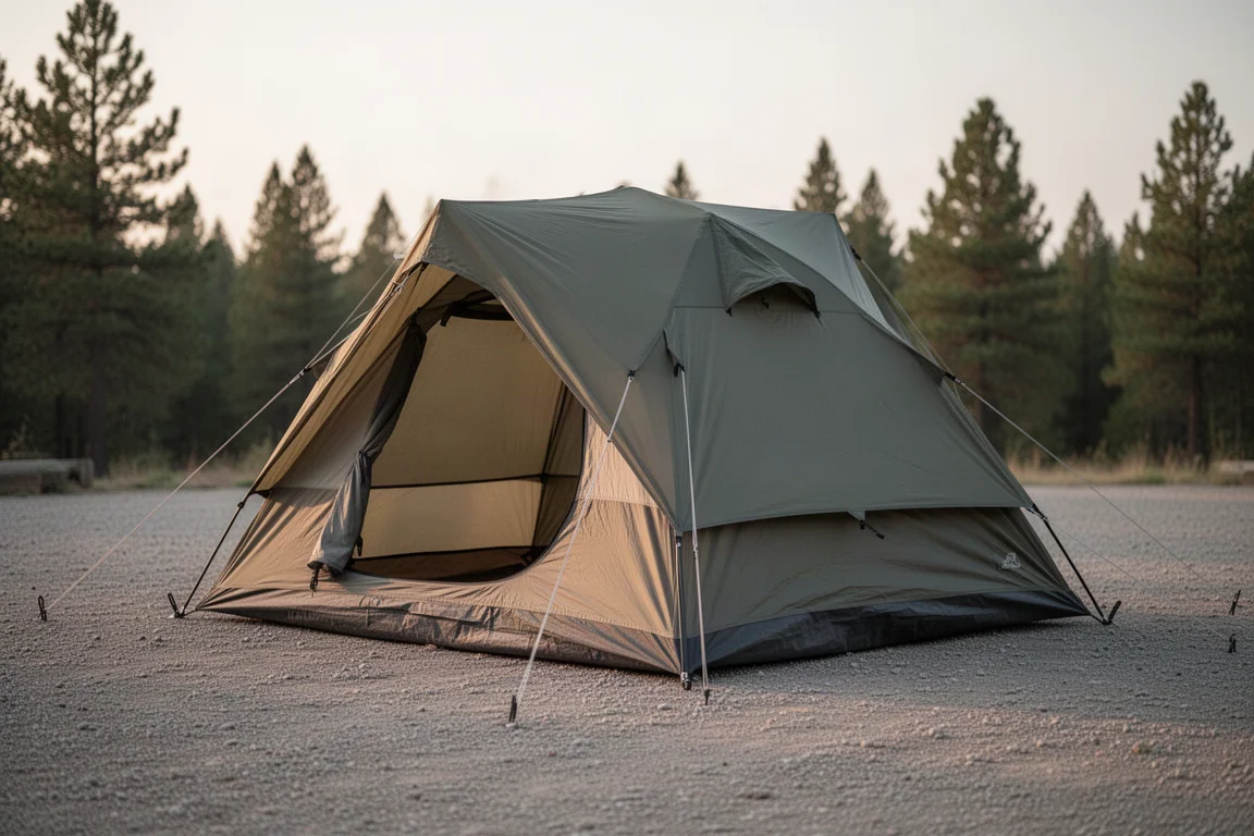 Tenda da campeggio leggera montata su una radura di ghiaia in un campeggio, con luce serale bassa
