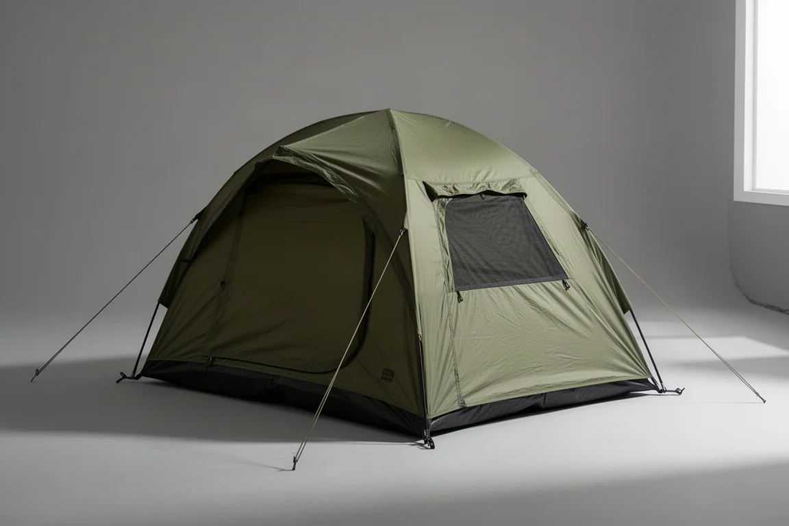 Three-pole camping tent pitched on a matte concrete surface with fly and guy lines