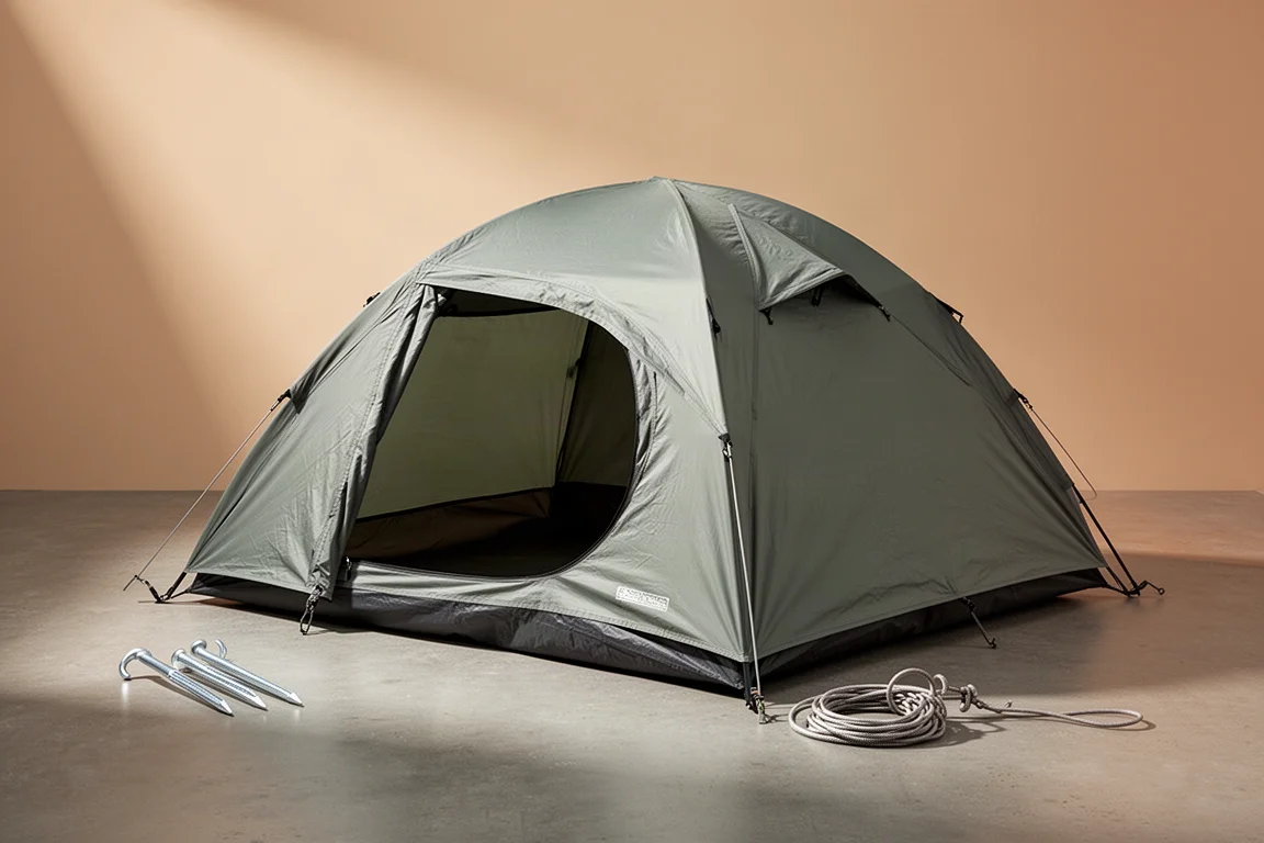 Two-person camping tent with arched fly pitched on a neutral studio surface