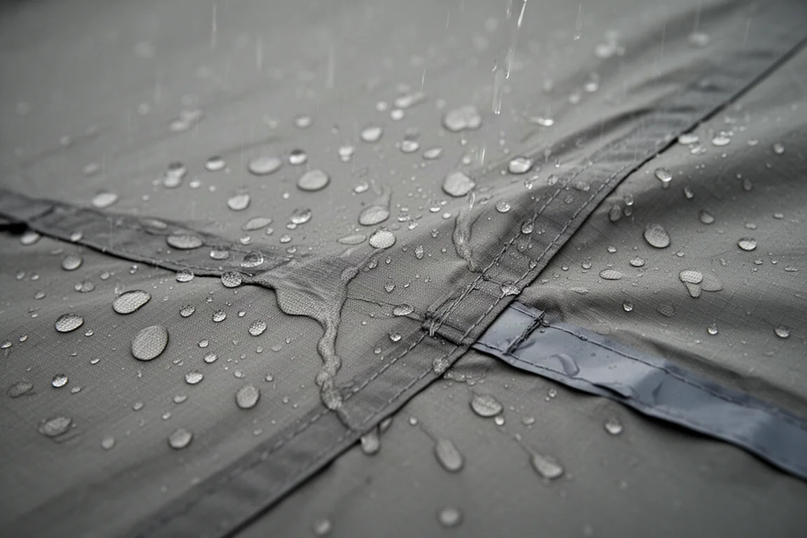 Primer plano de la costura sellada del sobretecho y la cremallera con gotas de agua sobre tejido ripstop gris