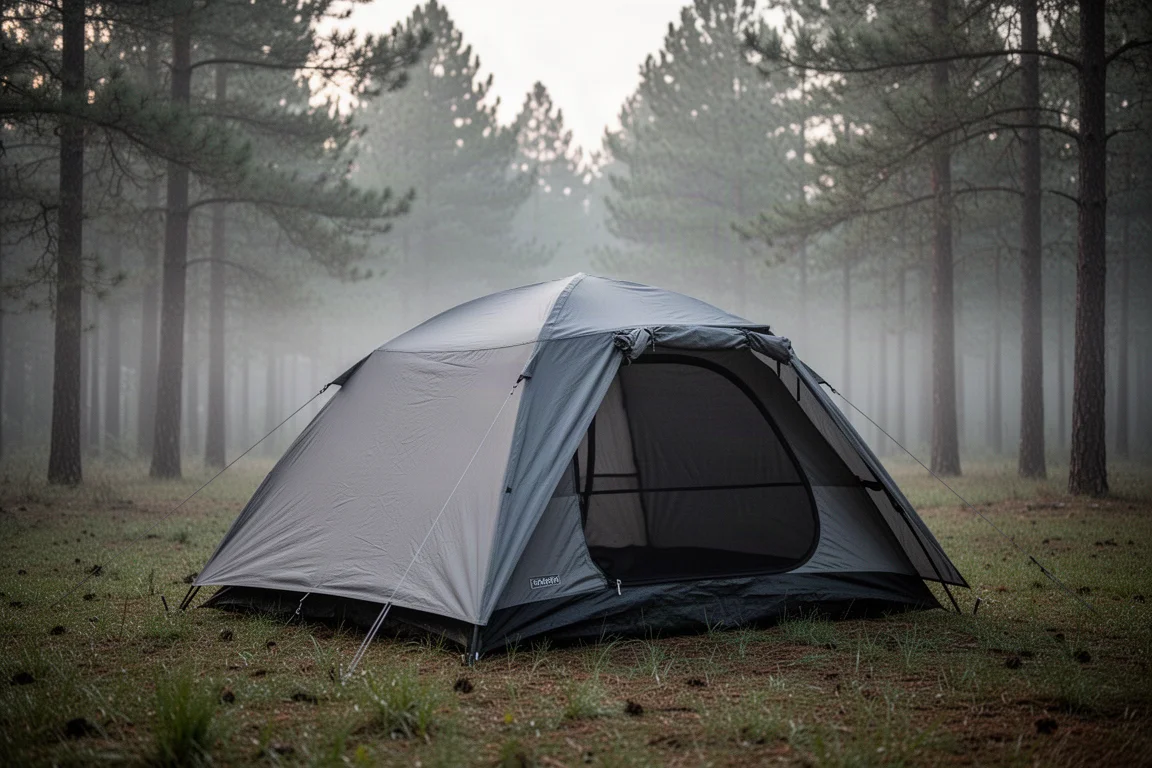 Two-person camping tent with wolf gray fly pitched in a forest clearing at dusk