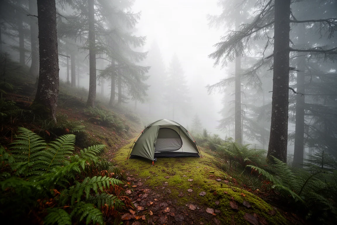 Beslagen bergbos-camping met een kleine tent opgezet tussen natte coniferen
