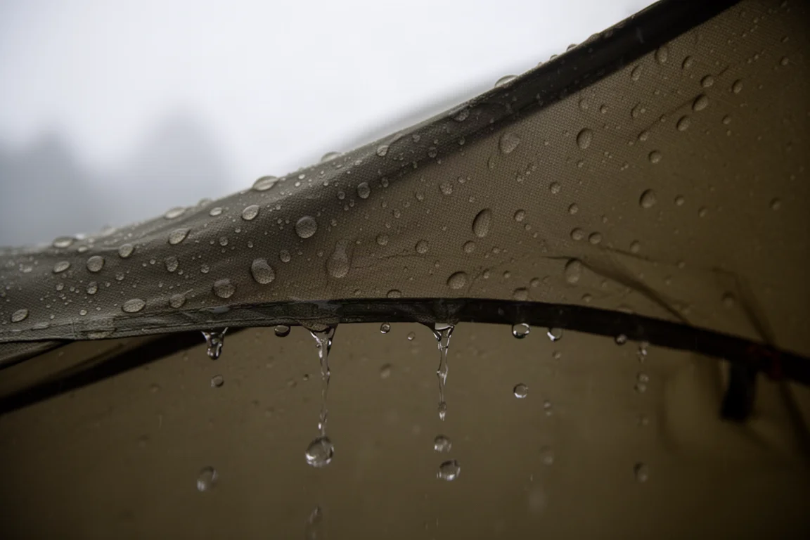 Close-up van regen die parelt en van een tentzeil afloopt in zwak licht