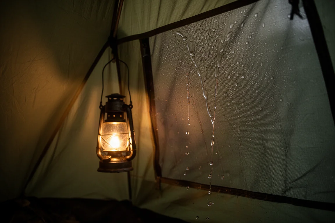 Water dat 's nachts van de binnenwand van een tent op het meshpaneel drupt