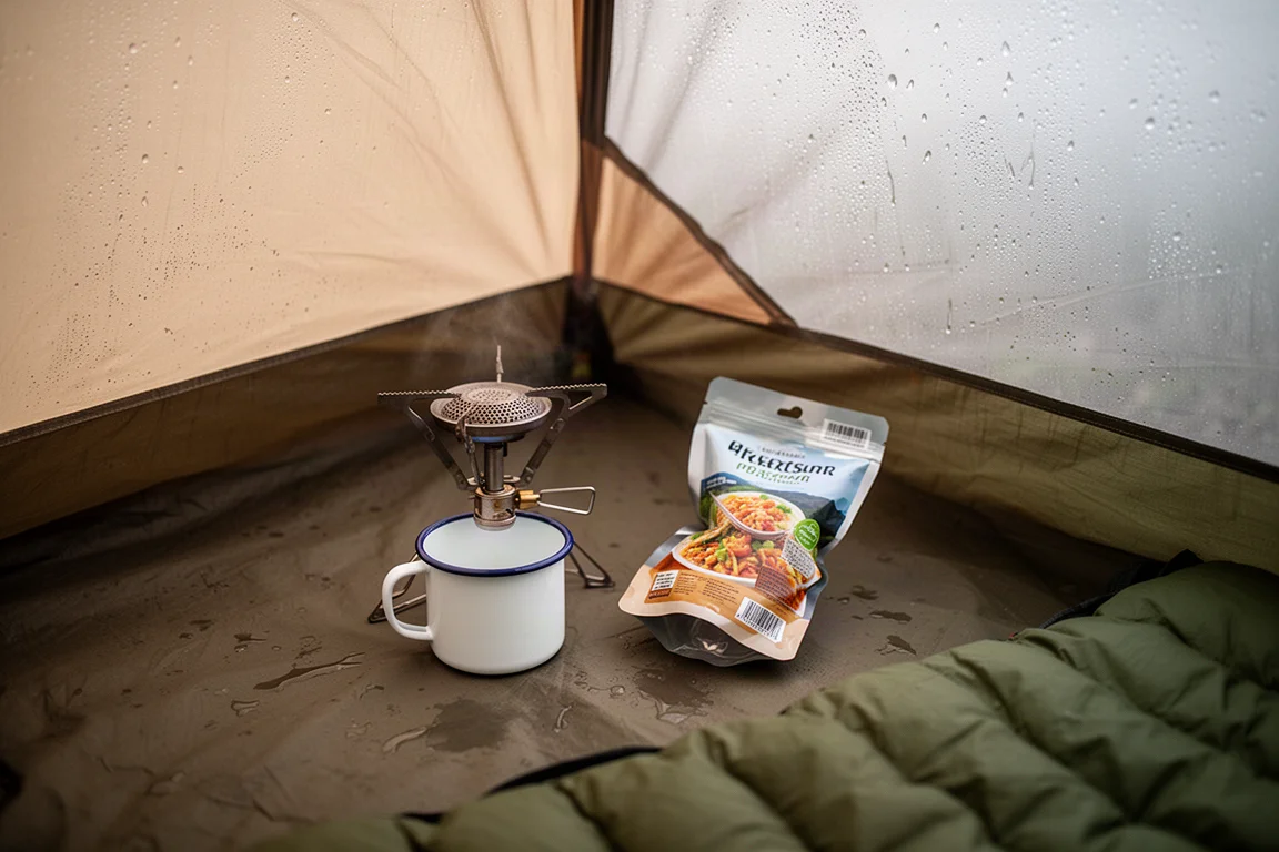 Campingkookstel en koffiemok opgezet in een tent op een natte ochtend