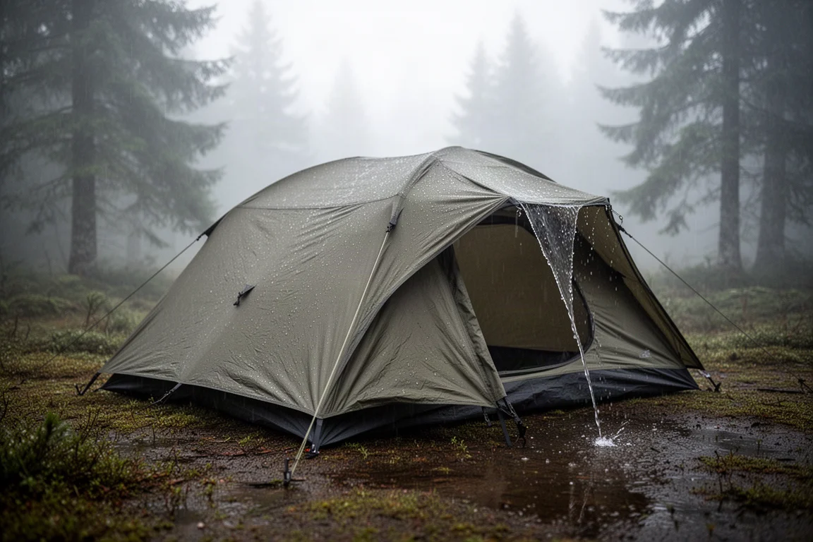 Olive two-person tent pitched in a foggy wet forest clearing with rain running off the fly