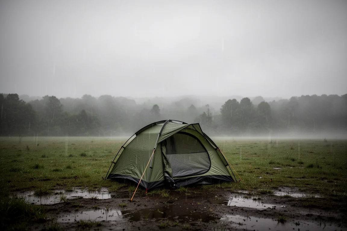 Small camping tent pitched in a grassy clearing under a heavy grey rain sky