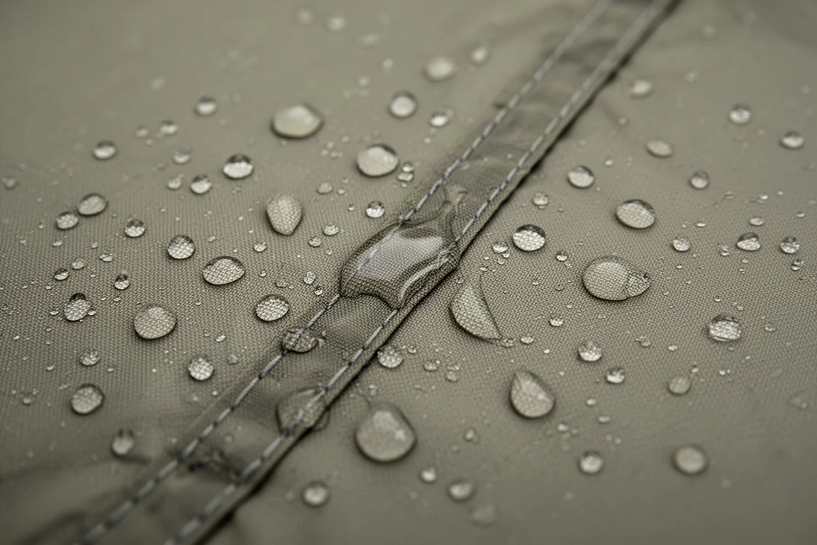 Close-up of rain droplets beading on taut tent flysheet fabric beside a stitched seam