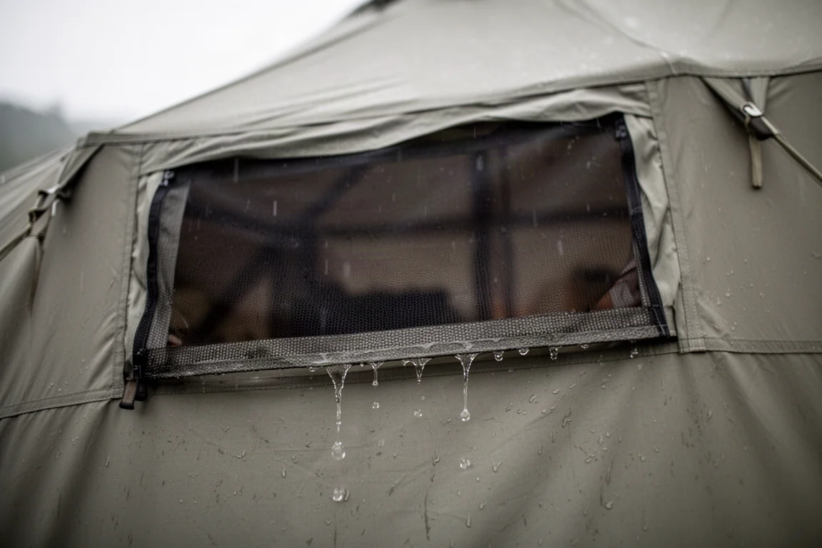 Mesh vent panel on a tent side wall with water running along its lower edge