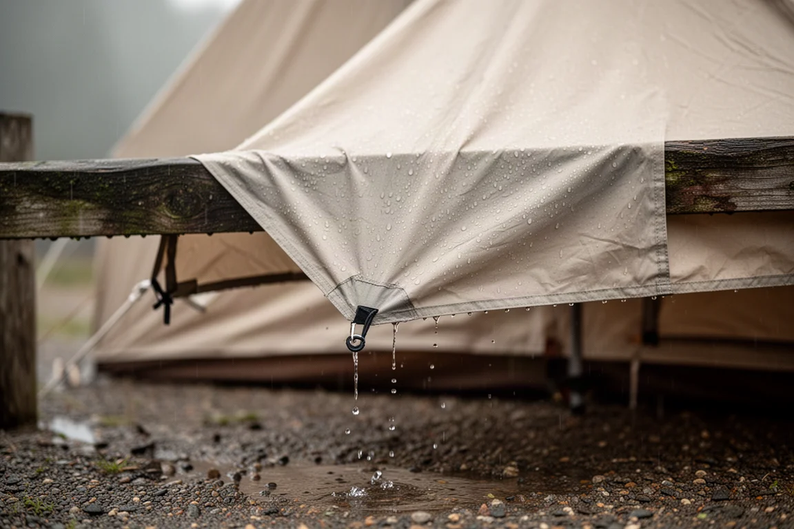 Wet tent flysheet draped over a wooden railing to dry on an overcast day