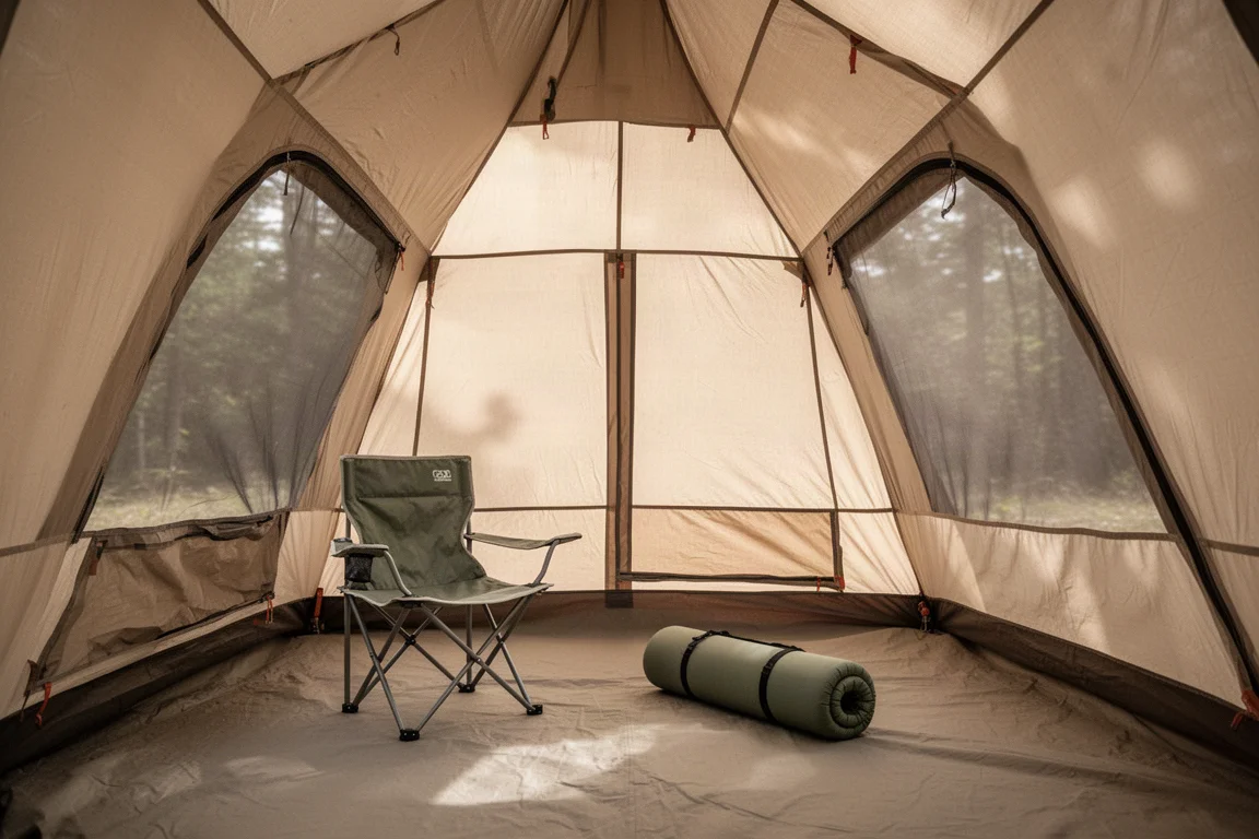 Campingstol och liggunderlag inuti ett rymligt tält med ljus genom meshväggarna