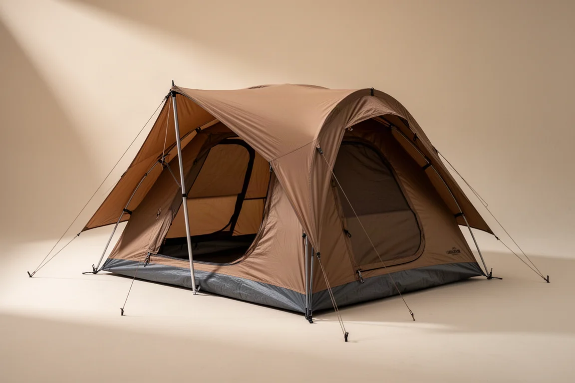 Coyote brown one-person camping tent pitched with fly on against a neutral backdrop