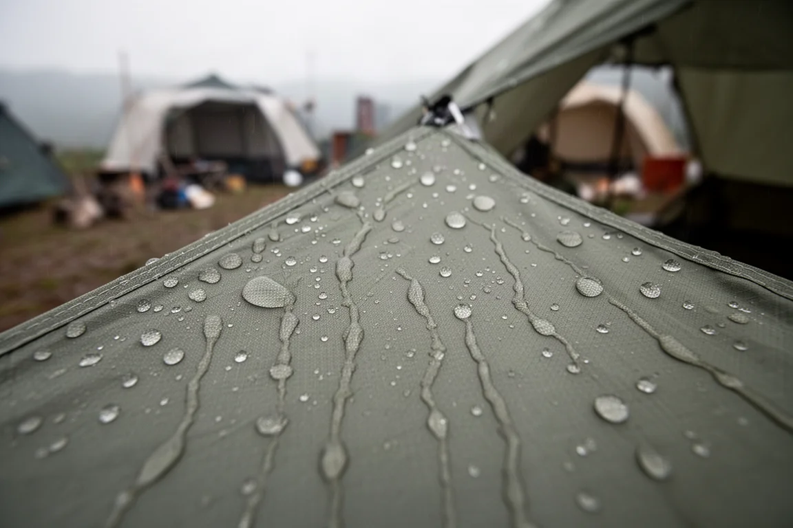 持續降雨中,佇立在草地空地上的露營帳篷