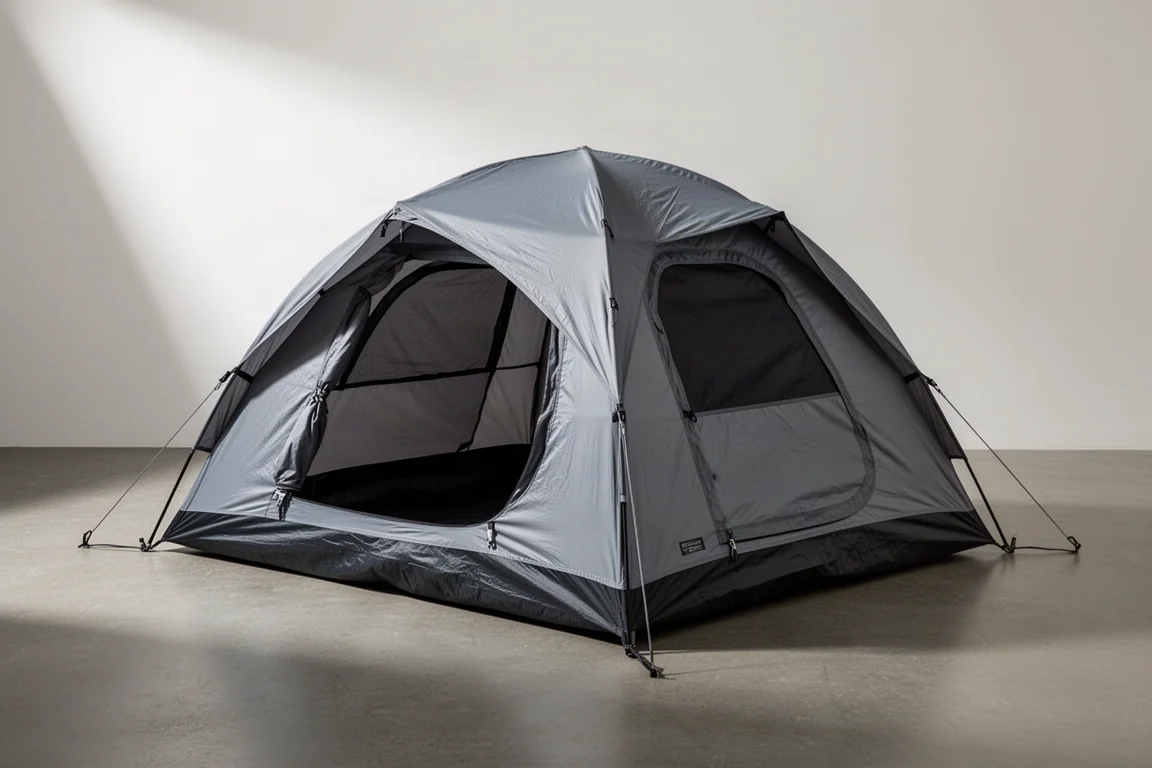 Low-profile camping tent with dark olive fly pitched on a concrete platform