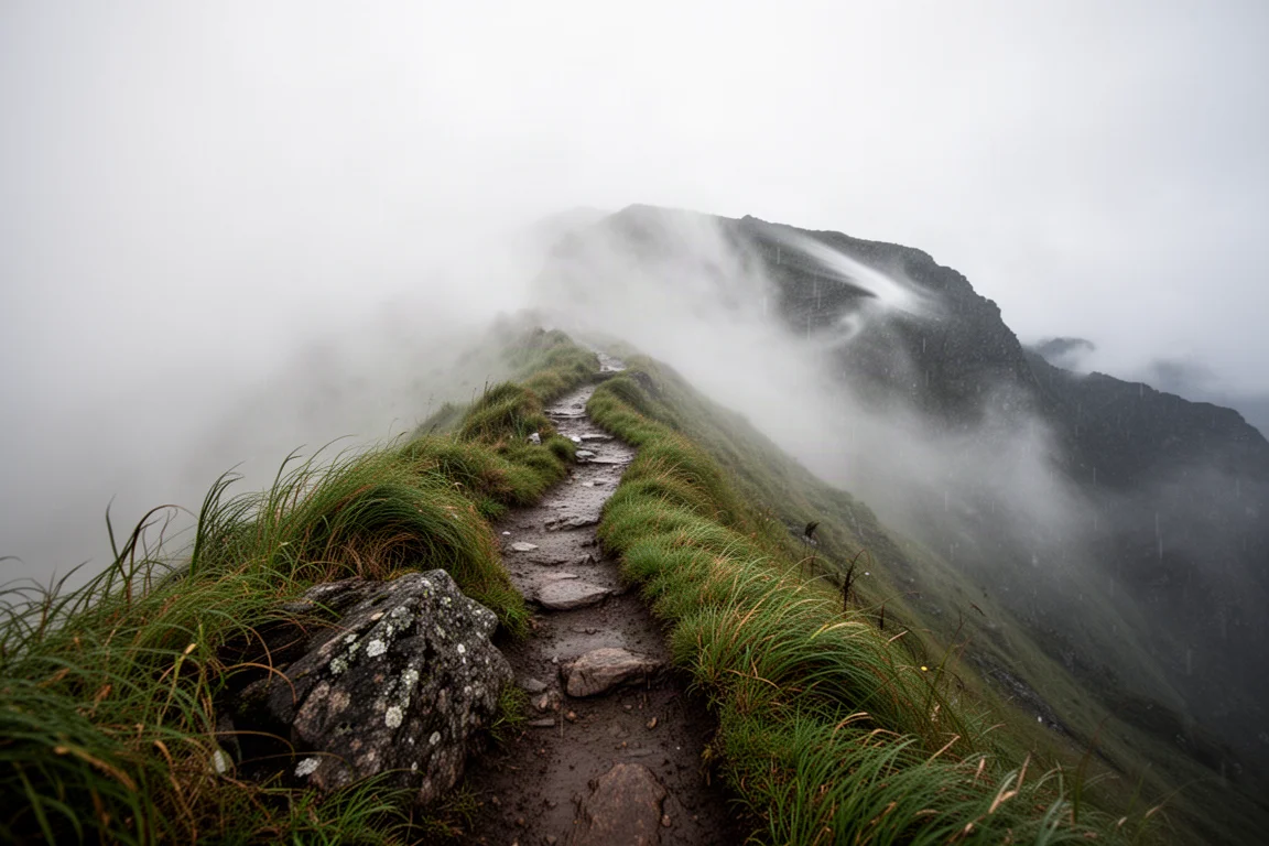 Mountain trail disappearing into low cloud with rain sweeping across the ridge