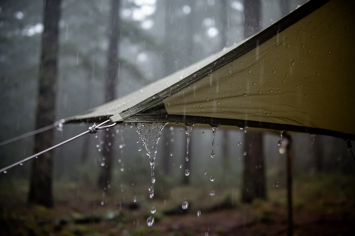 Close-up of rainwater sheeting off a tent flysheet in heavy rain