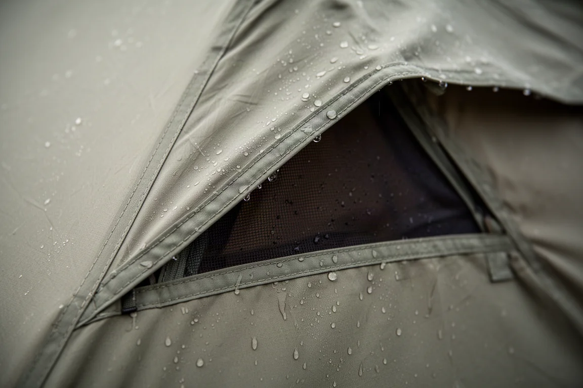 Close-up of a tent vent seam with water beading along the stitching