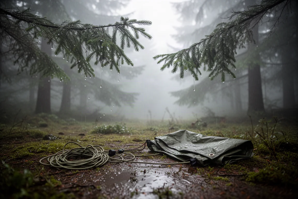 Misty forest campsite at dawn after a night of heavy rain