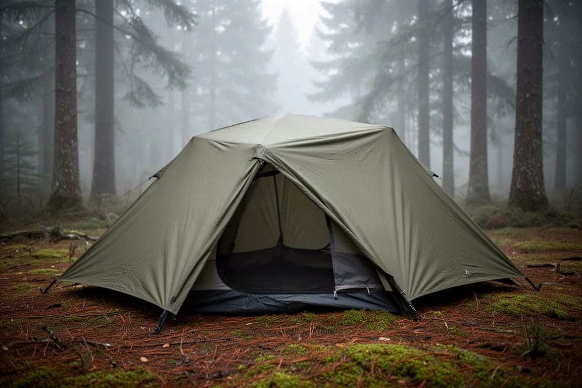Tenda da campeggio da due posti a profilo basso con telo esterno oliva montata in una radura di foresta nebbiosa