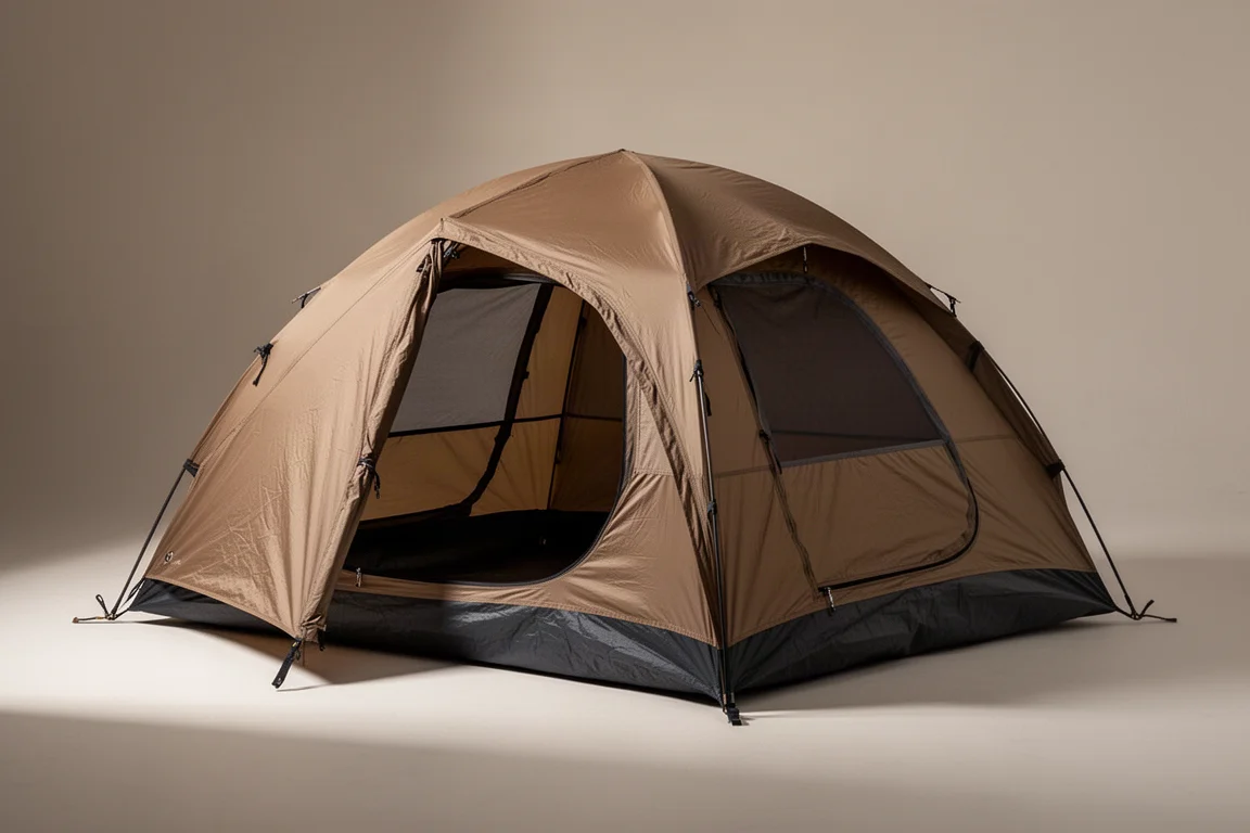 Tenda da campeggio autoportante da due posti color coyote brown montata con telo impermeabile e tiranti