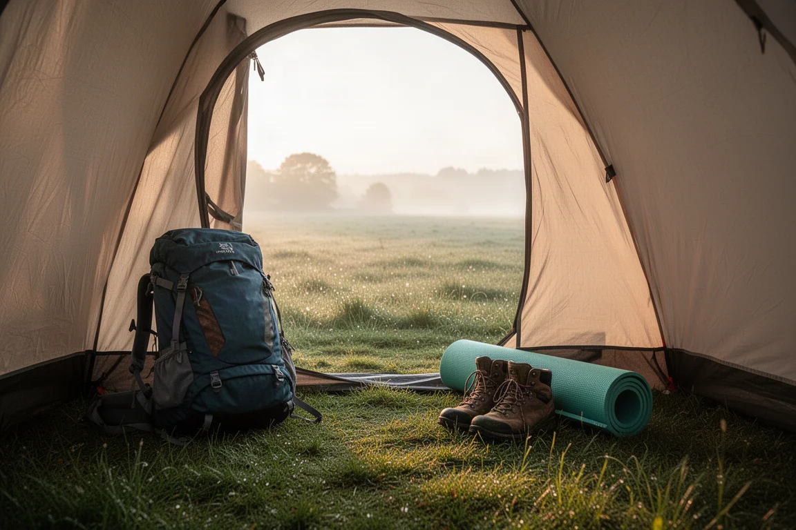 Solo-Zelt in einer nebligen Waldwiese im ersten Morgenlicht aufgebaut