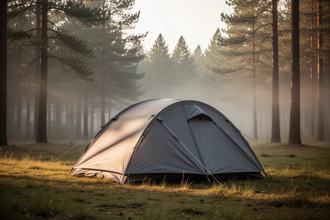 Tenda da campeggio per due persone montata in una radura erbosa accanto a pini nella luce del tardo pomeriggio