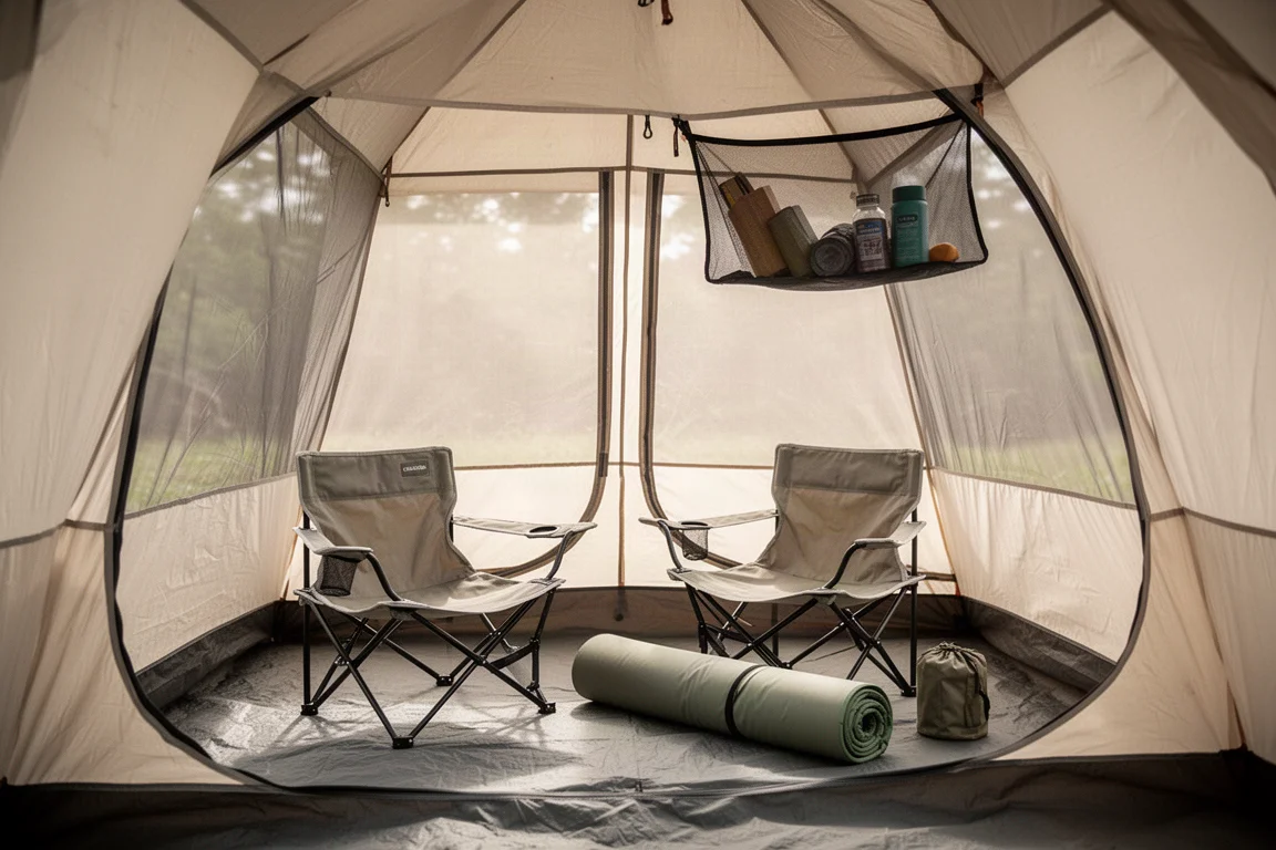 Interno di una tenda spaziosa con pareti in mesh, due sedie da campeggio e un materassino
