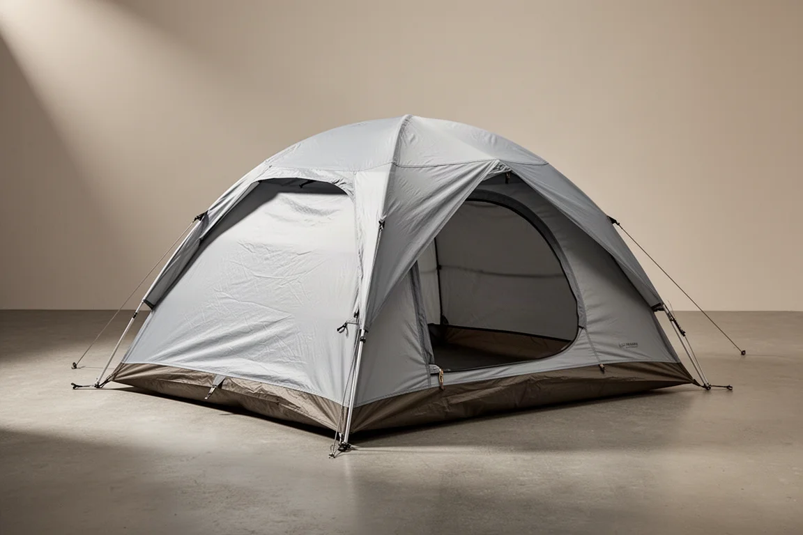 Tenda da campeggio tre stagioni per due persone di colore grigio montata su una superficie in cemento