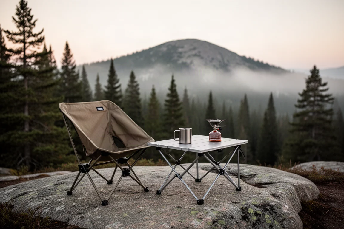 Campamento en zona remota al atardecer con una mesa baja de camping, una silla plegable y un hornillo pequeño