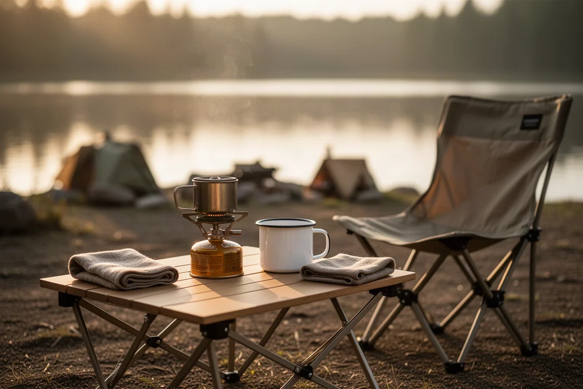Mochila cargada y mesa de camping plegada junto a una roca en una pradera alpina
