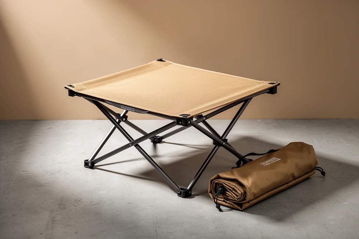 Compact coyote folding camp table with aluminium frame on concrete beside its storage bag