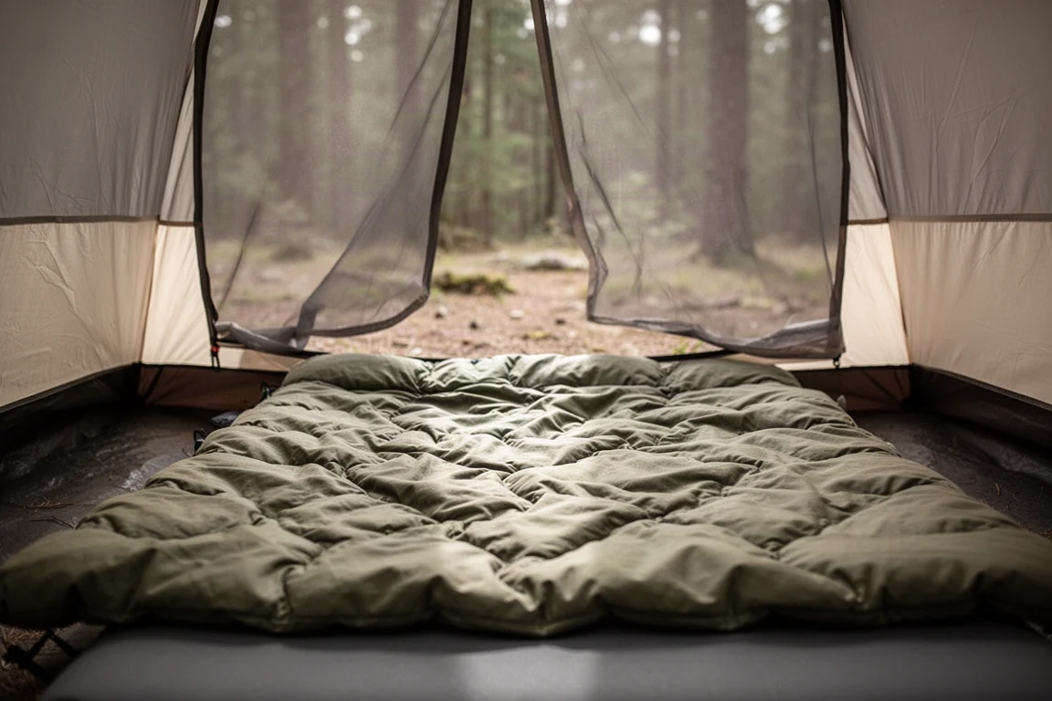 Hamaca de camping tensada entre árboles con una manta acolchada extendida dentro al atardecer