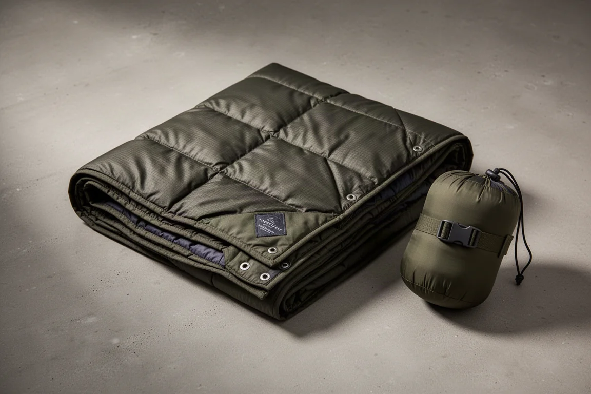Folded OneTigris down camping blanket with metal snaps beside its stuff sack on concrete