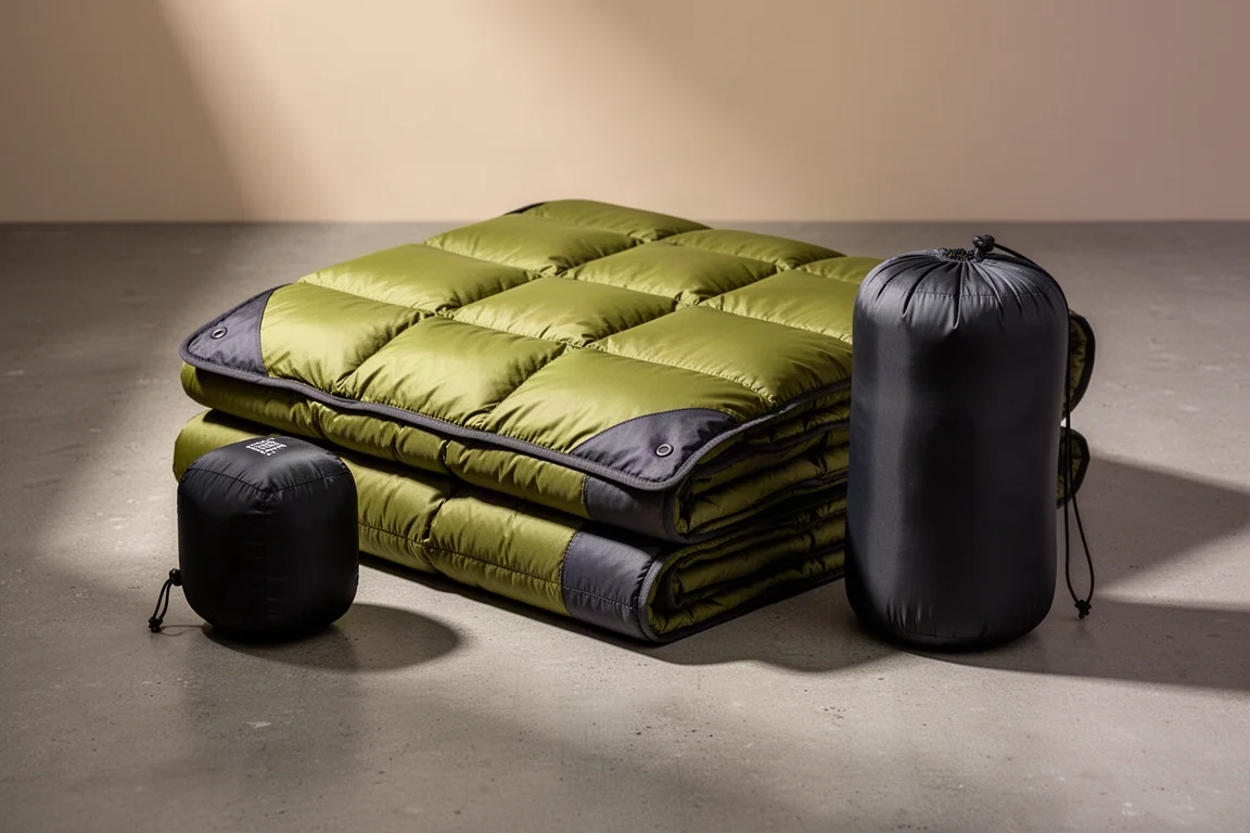 Olive green down camping blanket folded beside its black stuff sack on concrete