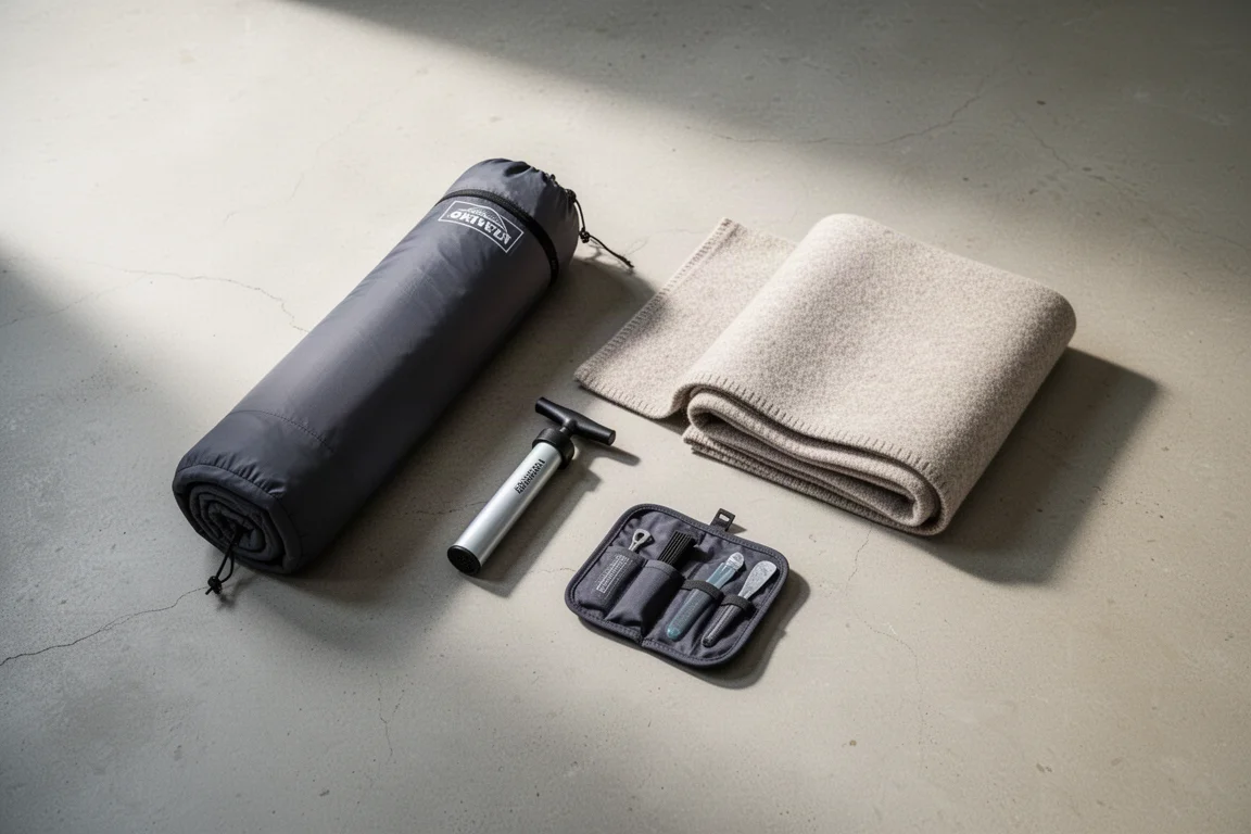 Colchão de camping enrolado, bomba manual, cobertor de lã e kit de reparo dispostos no chão de concreto