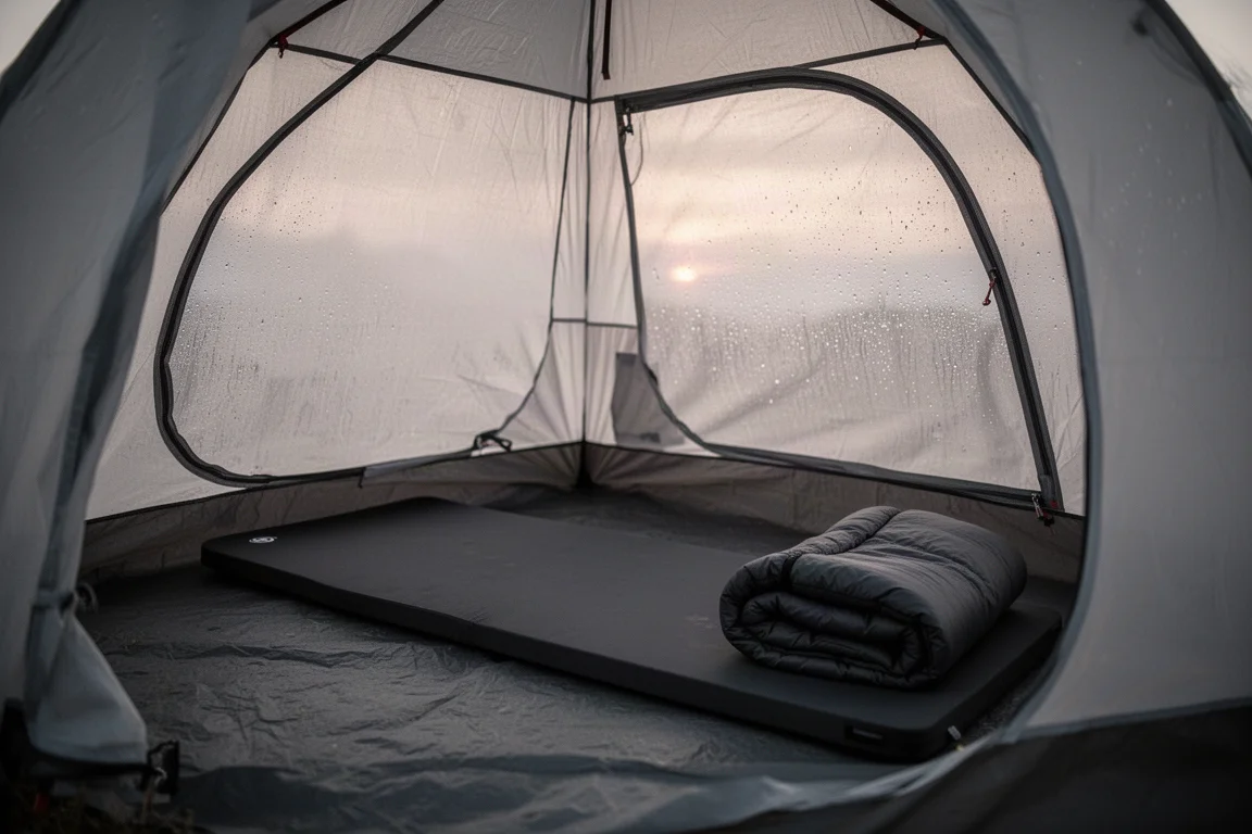 Colchão de dormir cinza-escuro estendido dentro de uma barraca ao amanhecer, com luz atravessando o tecido