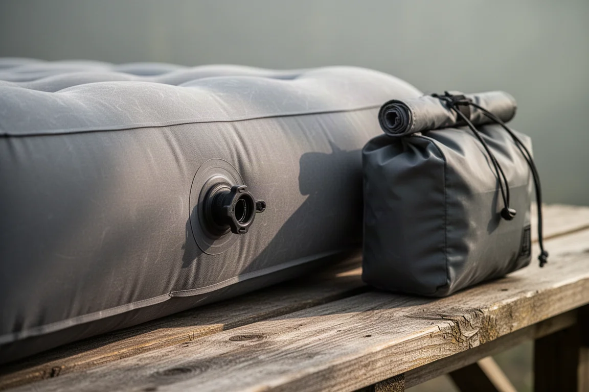 Close da válvula de inflação de um colchão de camping cinza grosso ao lado da bolsa de armazenamento