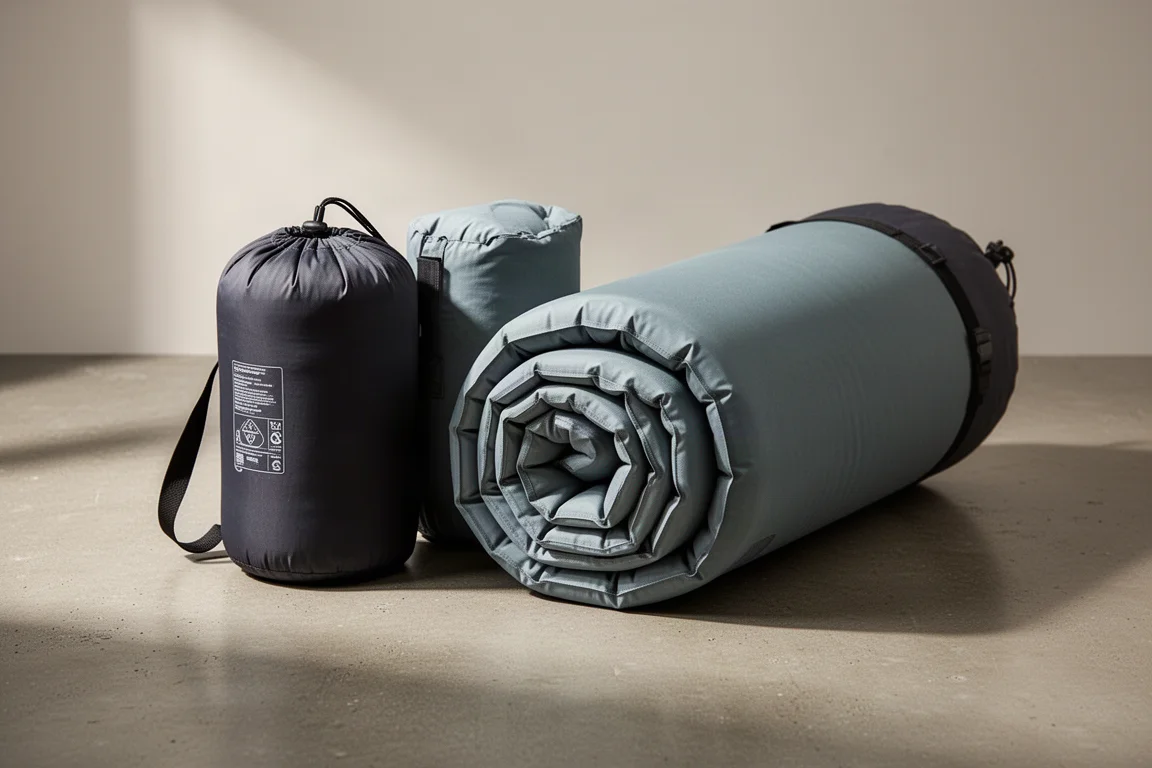 Two rolled camping mattresses in storage bags side by side on a concrete surface