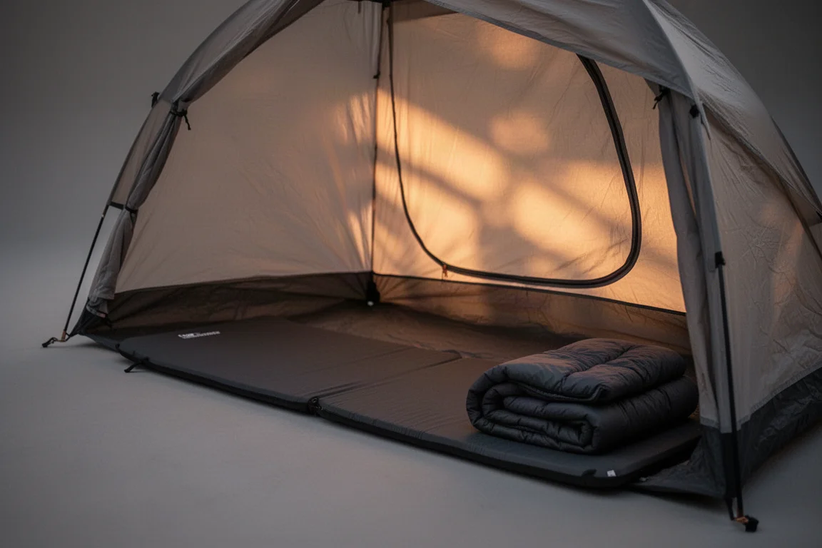 Sleeping pad laid out inside a tent at dusk with warm low light