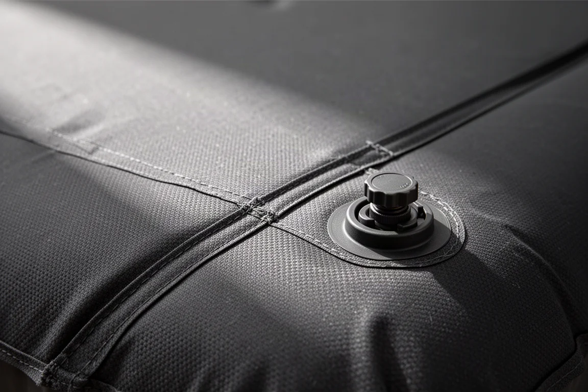 Close-up of matte fabric surface and rotating valve on a sleeping pad corner