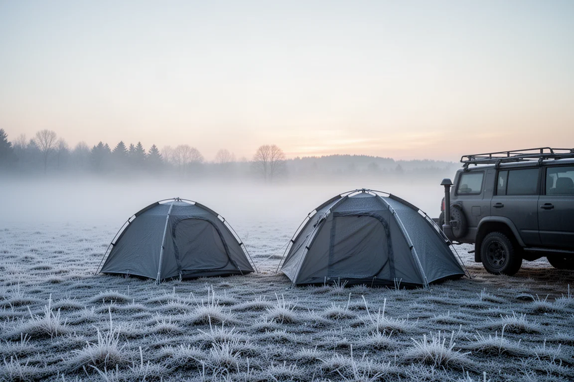 Frost-covered campsite at dawn with a tent and parked vehicle