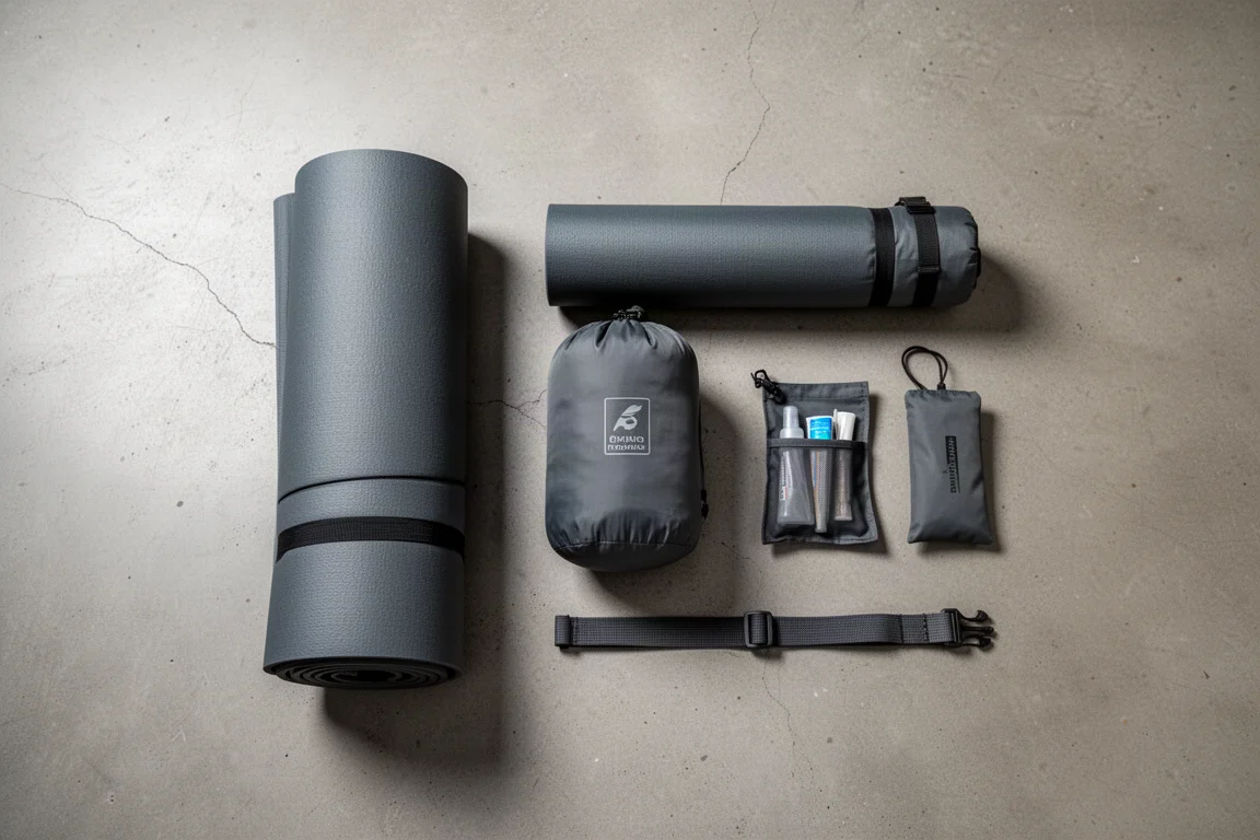 Overhead flat-lay of packed camping sleep gear on a concrete floor