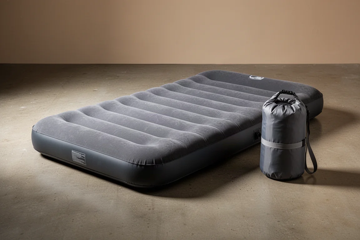 Deep gray camping air mattress with storage bag and compression strap on concrete floor